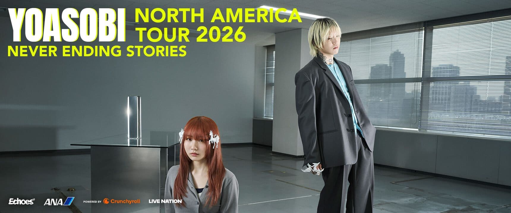 YOASOBI Never Ending Stories North America Tour artwork announcing the 2026 concert run.