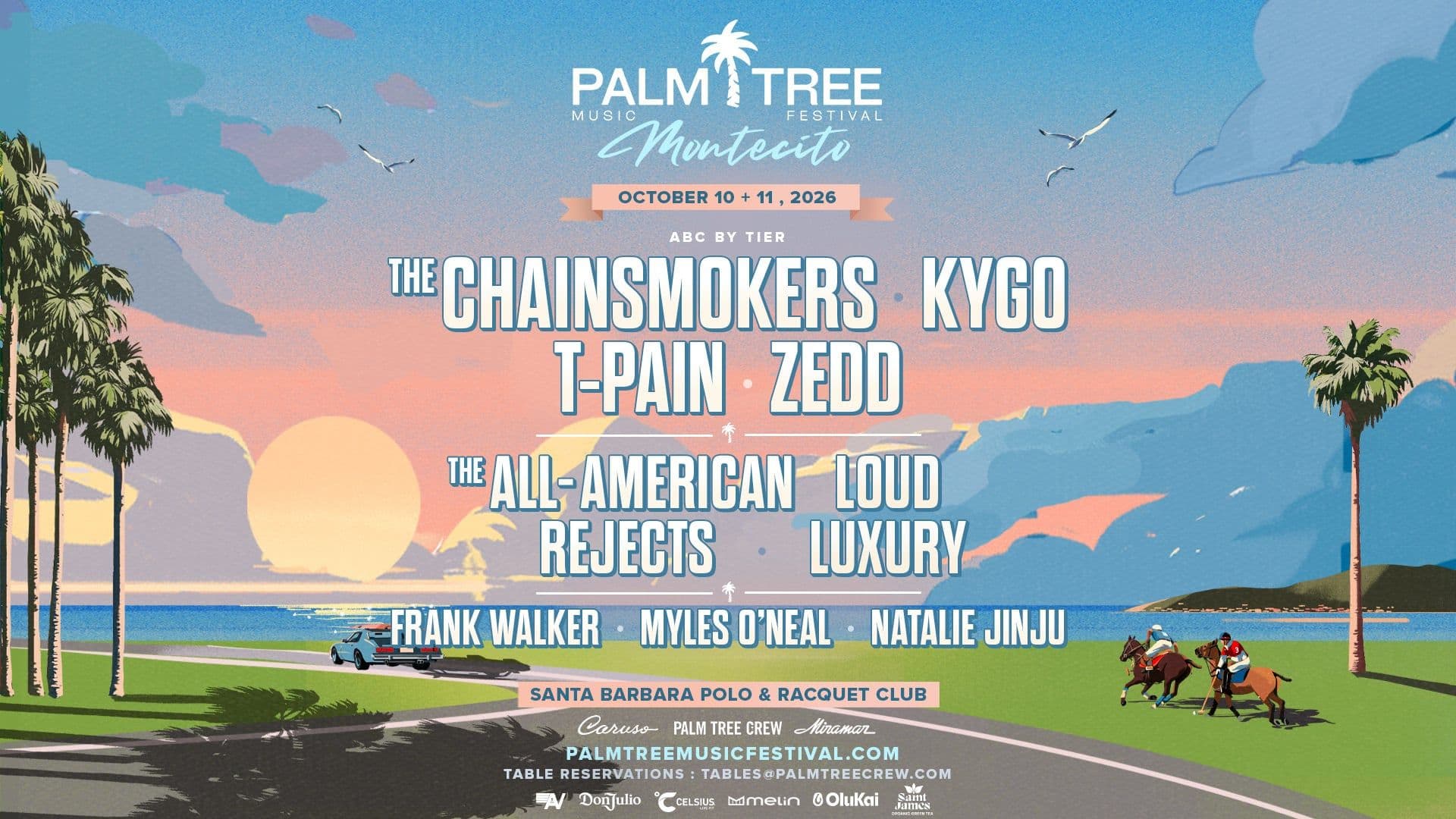 Illustrated 2026 Palm Tree Music Festival Montecito lineup artwork against a coastal sunset with palm trees and polo players.