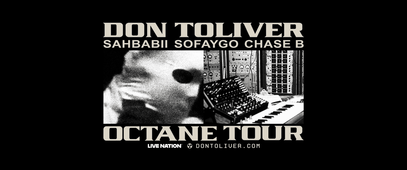 Black-and-white OCTANE Tour artwork featuring Don Toliver, supporting artists and a recording console.