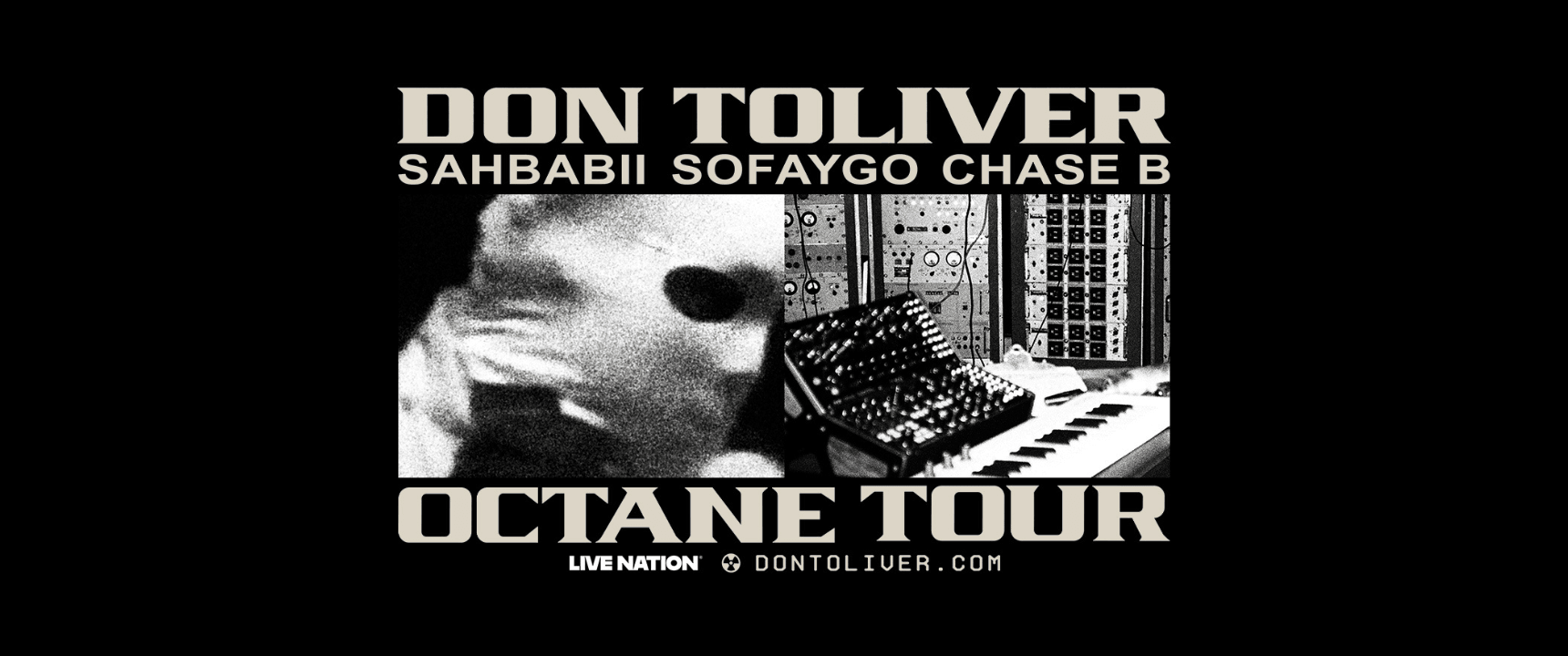 Black-and-white OCTANE Tour artwork featuring Don Toliver, supporting artists and a recording console.