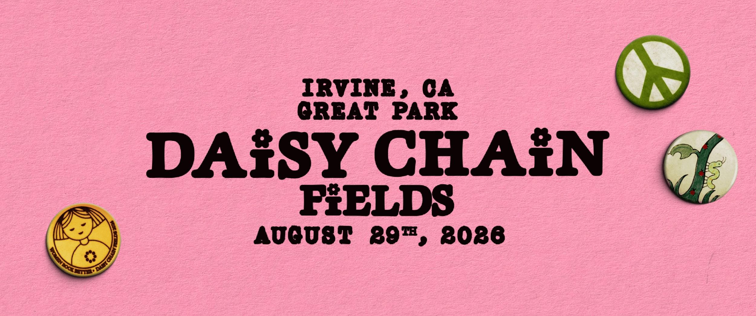 Pink Daisy Chain Fields festival artwork listing the all-women lineup and the August 29 date at Great Park in Irvine.